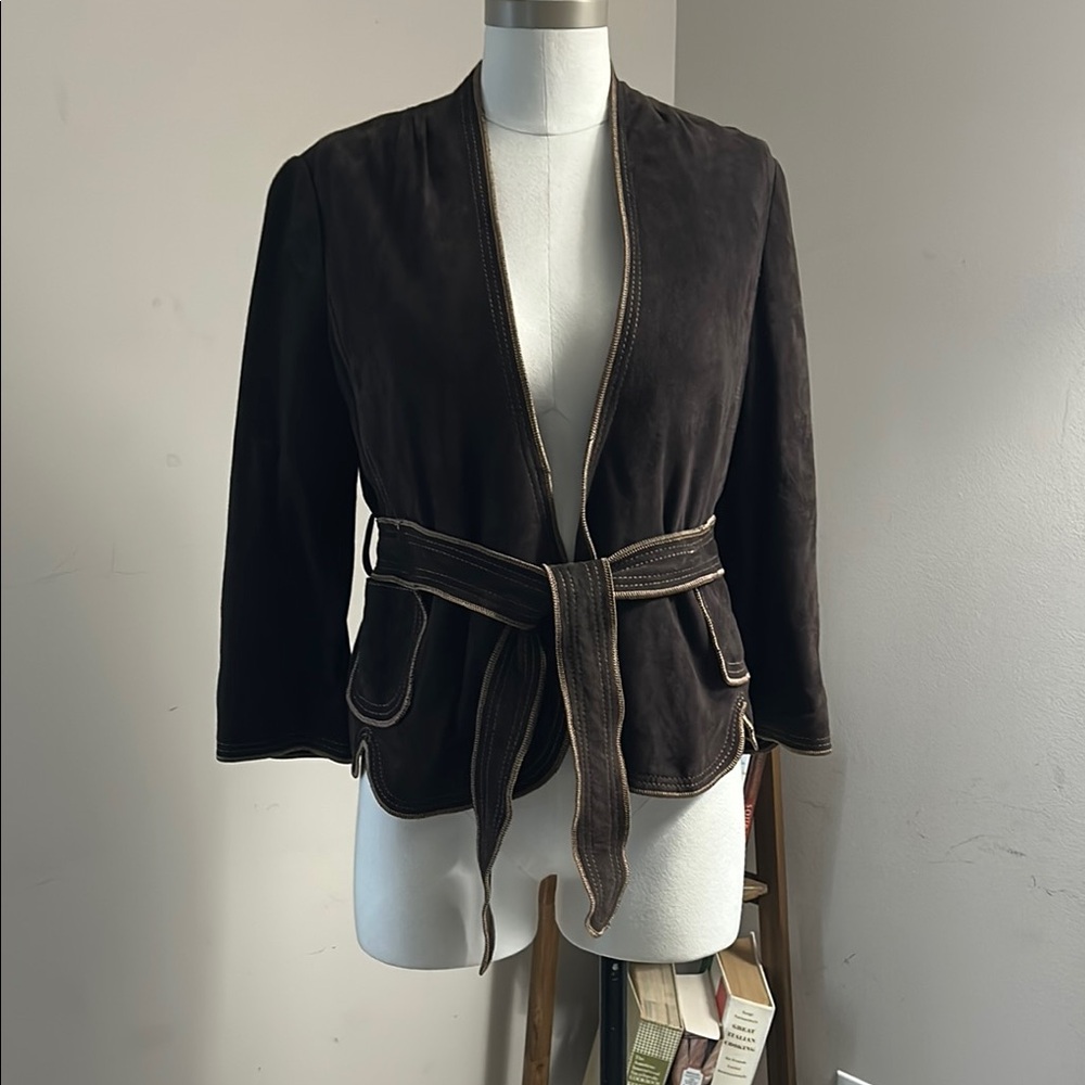 BCBGMaxAzria Brown Suede Women's Black Belted Jacket size XS